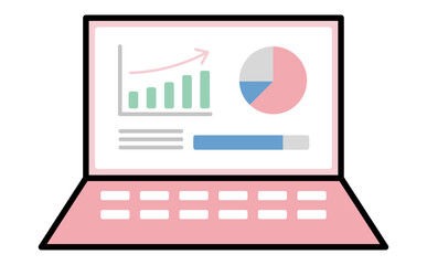 売上やデータ分析をグラフと円チャートで可視化したノートパソコンのビジネスイラスト