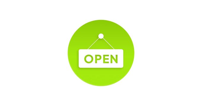 Animated open sign icon displayed on a green circular background, representing business availability, store opening and active service