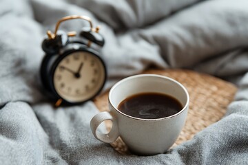 morning coffee and alarm clock