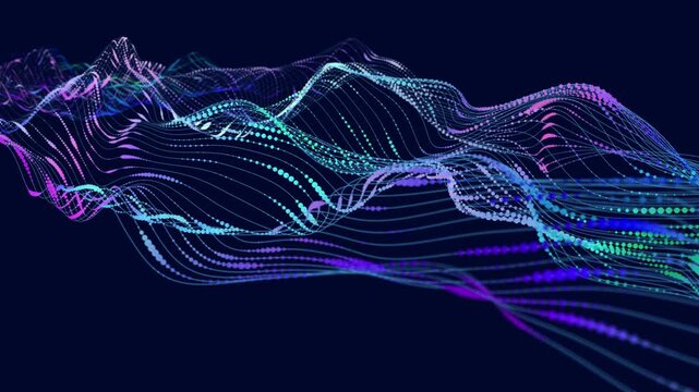 Motion infographic array blue lines and color dots wavy animated in cyberspace. Concept for finance, business. Animated graph waves.