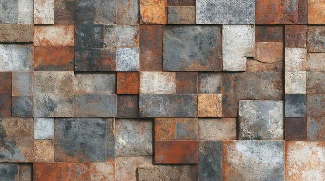 Old brown and gray rusty vintage patchwork tiles on worn concrete wall, textured surface background, distressed shabby aesthetic, close up banner view