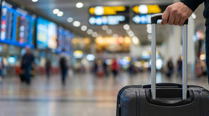 Close-up of a person's hand gripping a suitcase handle in a busy, bustling airport terminal with blurred departure boards and travelers in the background