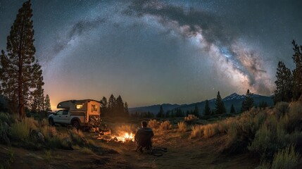 Fototapeta premium Panoramic view of family sitting around bonfire under starry Milky Way sky with camping truck, warm glow, outdoor night adventure scene
