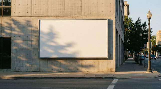 Blank outdoor billboard on a modern concrete building wall in an urban city environment, with natural tree shadows providing a visual interest and copy space for advertising