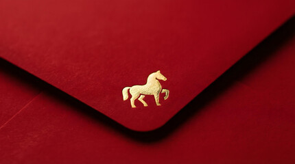 Close-up of red lucky hongbao with golden horse emblem for 2026 Chinese New Year Year of the Horse,...