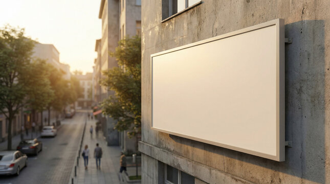 Photorealistic blank white billboard mockup on a modern city building facade, bathed in warm golden hour light, ideal for urban outdoor advertising campaigns and brand promotion