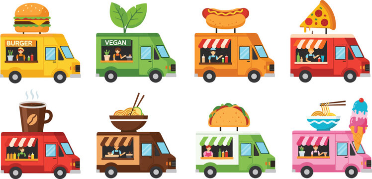 Set of colorful food truck vector illustrations, street food van icons including burger, pizza, taco, and coffee