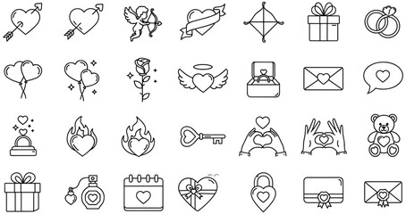 Fototapeta premium Valentine’s Day love icons set, romantic line art collection featuring hearts, Cupid, rings, roses, gifts, and affection symbols