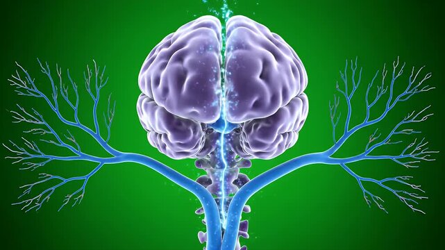 Detailed 3D CGI Medical Visualization of Brain and Nervous System on Green Screen Background Neurology Study and