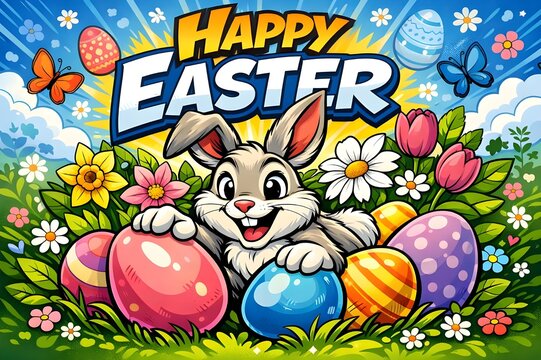 greeting card design of easter bunny and easter eggs with American comic style