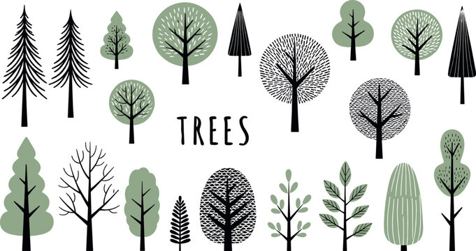 Stylized tree illustration set with modern flat and textured forest trees in minimal Scandinavian style for nature and landscape design projects