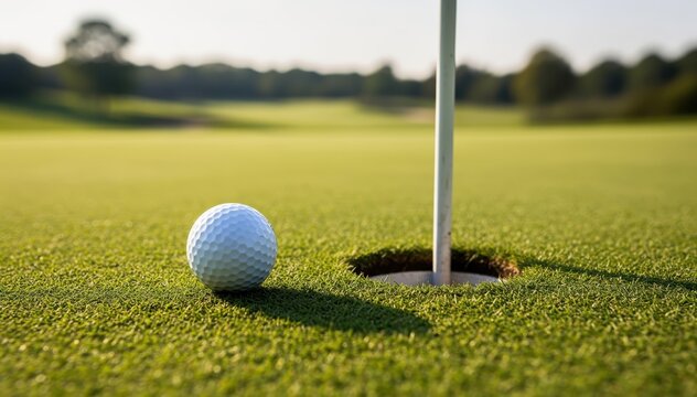 Precision on the Green: A golf ball sits poised on the edge of the hole on a meticulously manicured green, the flagstick standing tall in the distance, signifying the culmination of focus and skill.
