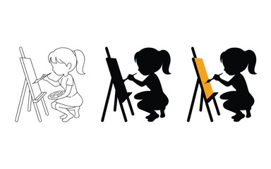A child is shown painting on a canvas at an easel in three different styles.