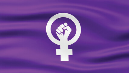 A waving purple flag featuring the feminist symbol a circle with a cross at the bottom and a raised, clenched fist inside the circle, representing womens rights and empowerment.