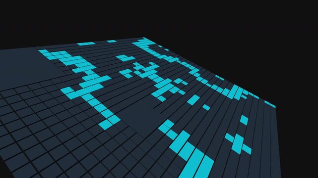 Procedural 3D quadtree grid pulsating with data rhythm. Seamless loop of dark UI blocks splitting and merging. Ideal for cyber security, cloud storage, and system maintenance visuals. Digital art.