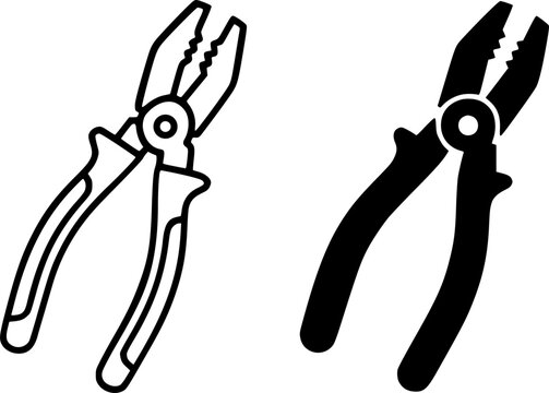 Industrial icon, vector illustration of pliers, black and white in outline and silhouette design style