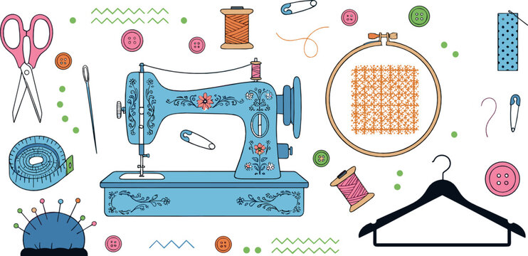Vintage sewing illustration set with sewing machine embroidery hoop scissors pins buttons thread and tailoring tools in colorful hand drawn flat style for craft designs