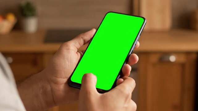 Person Holding Smartphone with Green Screen in Kitchen