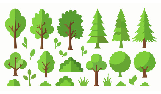 Vibrant green flat tree illustrations collection for infographics and banners