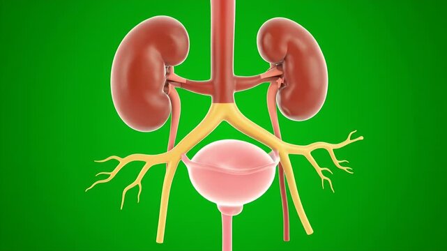 Detailed CGI Animation of Human Urinary System Kidneys Ureters Bladder Medical Visualization Isolated on Green Screen