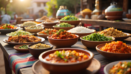 Obraz premium An abundant spread of various Middle Eastern dishes, including rice, salads, and stews, is presented on a rustic outdoor table.