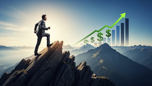 Ambition in the Heights: A determined individual, ascending a mountain peak, symbolizes the relentless pursuit of financial growth and entrepreneurial ambition.