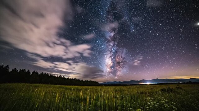 Mesmerizing nighttime view of the milky way galaxy over a field and forest with beautiful starry sky and clouds