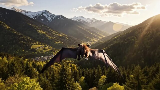 A giant bat soaring majestically over a lush green valley with snow-capped mountain peaks during golden hour sunset
