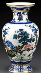 Elegant white vase, intricately painted with flora and fauna designs