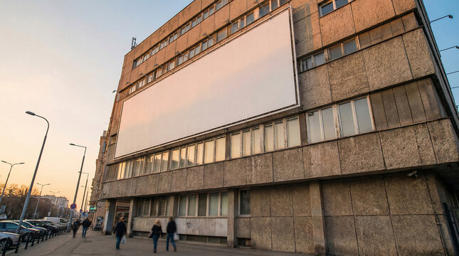Blank billboard on the side of a brutalist building in an urban street view, with people walking by