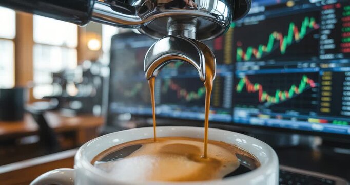 Businessman enjoying espresso in modern office with stock market screens