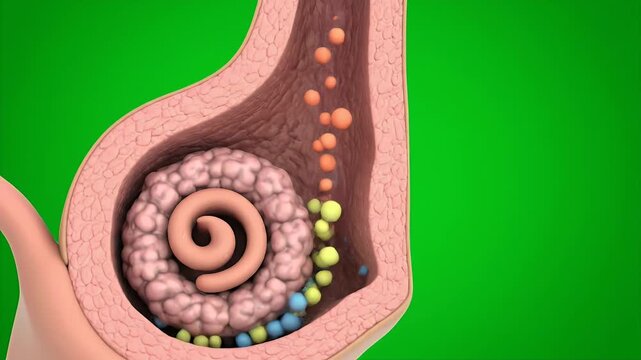 Detailed CGI Medical Animation of Inner Ear Anatomy Isolated on Green Screen Background Featuring Cochlea and Auditory