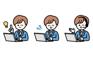 PCを操作しIT提案や商談を行う女性スタッフの3ポーズセット。信頼感のあるビジネス向けベクター素材。