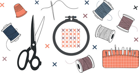 Hand drawn sewing and embroidery illustration set with scissors needles threads spools thimble and hoop in modern flat craft style for DIY and tailoring projects © MdNazmul