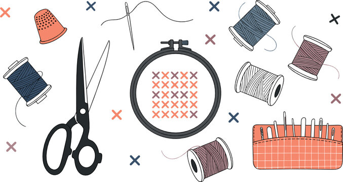 Hand drawn sewing and embroidery illustration set with scissors needles threads spools thimble and hoop in modern flat craft style for DIY and tailoring projects