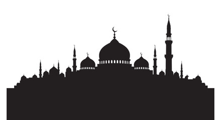 Mosque Silhouette with Domes and Minarets on White Background © Shahina