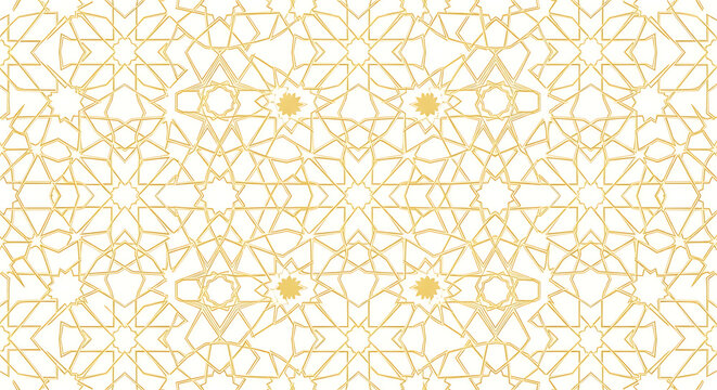 Golden Islamic geometric star pattern on a white background, traditional Arabic art and design