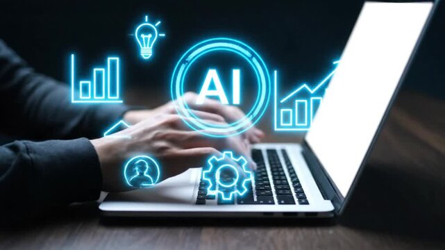 Person working on laptop with AI technology interface