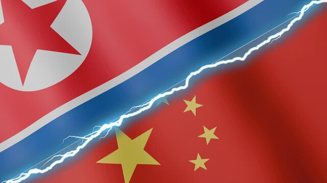 Two waving flags North Korea and China with diagonal lightning seamless, 4k loop
