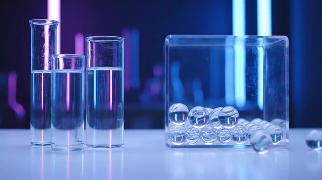 Glass beakers and cube with bubbles in modern laboratory setting