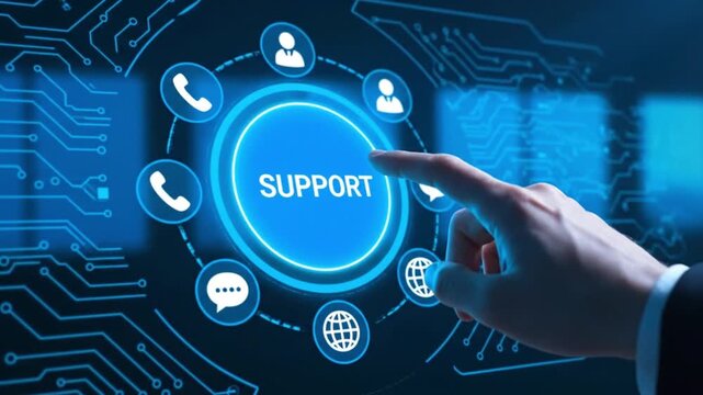 Modern support interface with glowing blue button and hand interaction