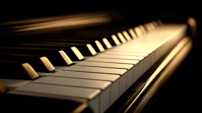 Close up of a grand piano keyboard with selective focus and warm lighting