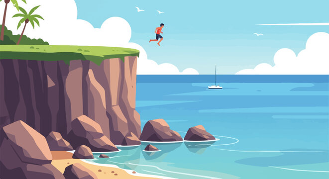 Man leaps from cliff into ocean beside sailboat and palm trees