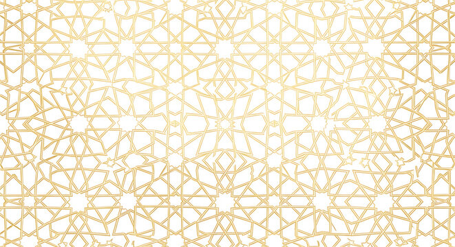 Elegant gold geometric Islamic pattern on a clean white background, intricate arabesque design for seamless use.