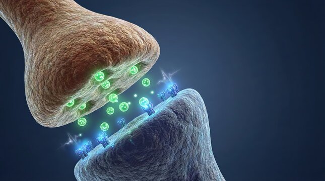 Vibrant 3D illustration depicting synaptic transmission, where neurotransmitters bridge the gap between two neurons.