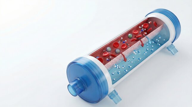 Cross-section view of a medical device, likely a dialyzer or oxygenator, showing blood cells and fluid separation by a membrane.