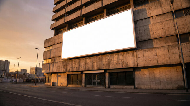 Blank billboard on a concrete building facade in an urban street view setting