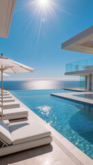 Fototapeta premium Modern infinity pool with sun loungers and umbrellas, ideal for travel brochures or luxury resort advertisements.