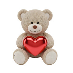 Cute Fluffy Teddy Bear Holding a Shiny Red Heart Isolated on White Background
