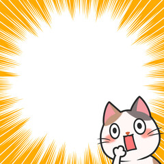集中線　猫　枠　効果線　素材　驚く　びっくり　衝撃　サンバースト　ポップ　コミカル　デフォルメ　シンプル　見出し　タイトル　キャンペーン　Cartoon surprised cute cat frame.Comic kitty face.starburst,sunburst